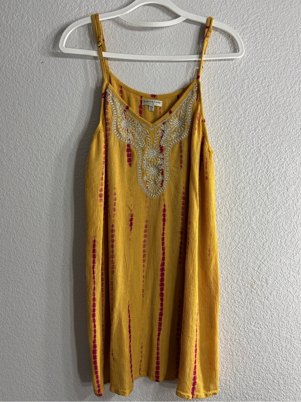 EARTHBOUND Yellow Tie-Dye Embroidered Spaghetti Strap Boho Hippie Dress Size XXL
